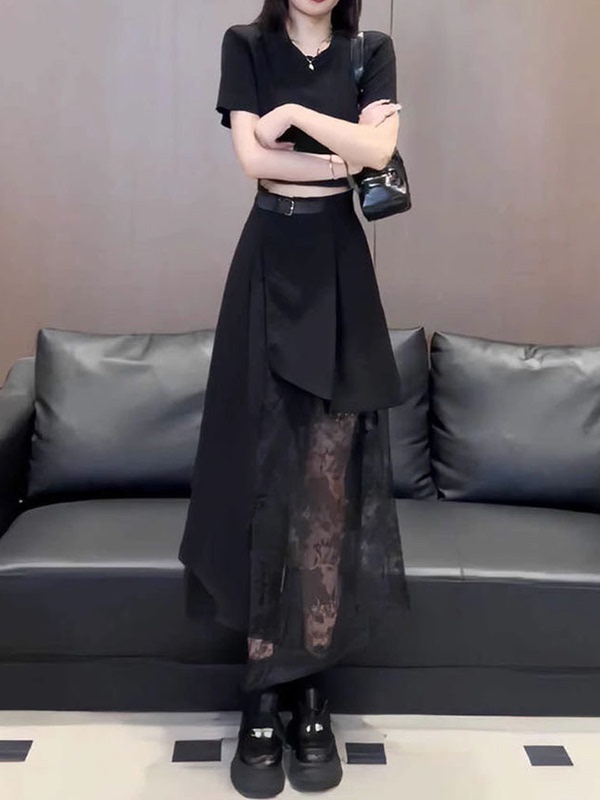 Lace Mesh Splicing Skirt for Women, New Summer Style, Fashionable and Versatile Skirt, Elastic Mid-Length Asymmetrical Long Skirt
