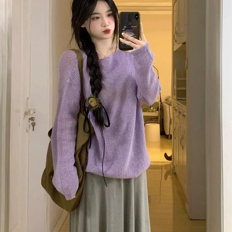 Plus-Size Fat Girl's Light Purple Taro Sweater, Thin, Loose, Lazy Style, Stunning Knit Top with a High-End Feel, Pullover