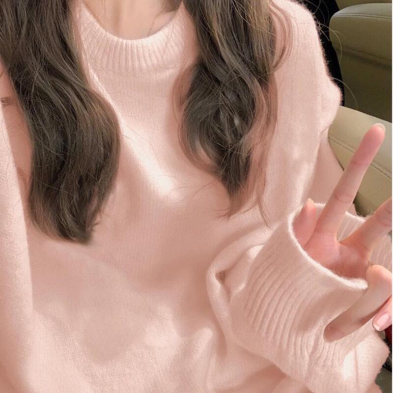 Plus-Size Fat Girl Light Pink Solid Color Basic Sweater Women's 2026 New Autumn and Winter Soft and Lazy Style High-End Knitwear