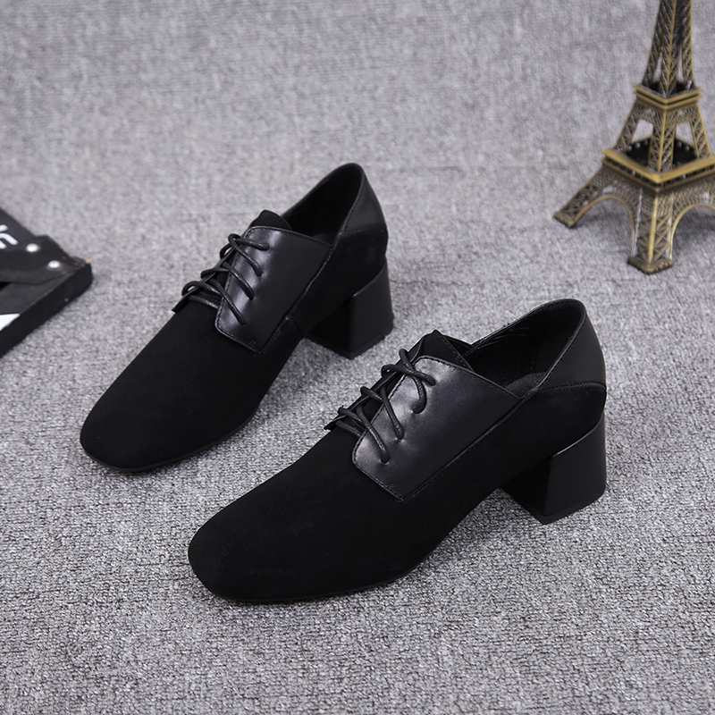 2022 spring new women's shoes leather square toe deep mouth single shoes low-top lace-up middle heel Korean version all-match thick heel leather shoes - Taobao