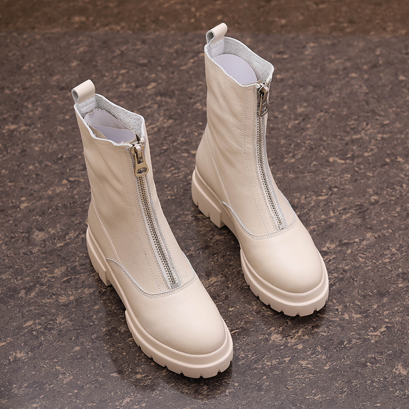 Europe station 2022 Winter new round head plus suede Martin boots Front Pull Chain Thick Bottom Genuine Leather Midcylinder Woman Boots