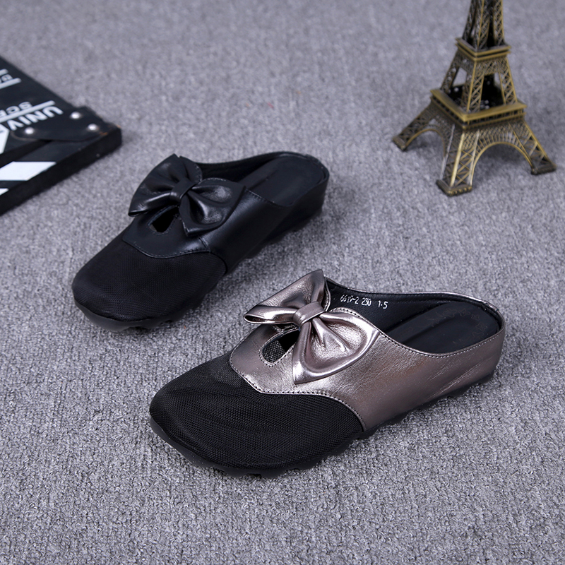 European and American 2022 Summer new genuine leather women slippers fashion butterfly knot semi-drag Baotou mesh yarn breathable cool drag women's shoes