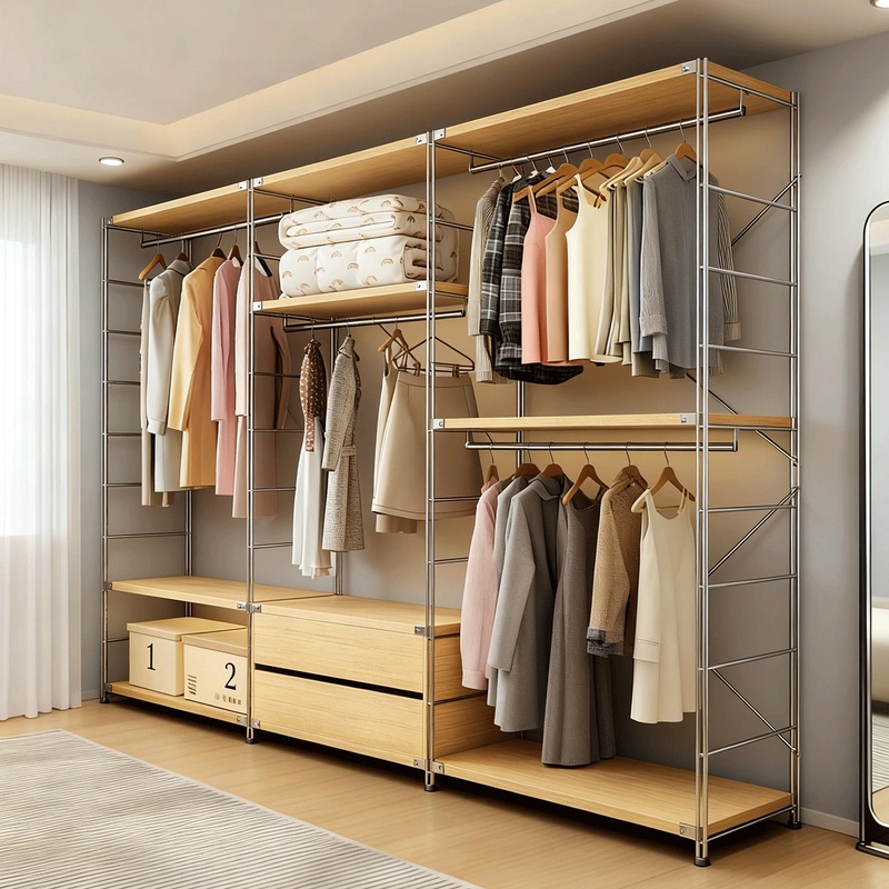 Open-Style Clothes Rack, Multifunctional Wardrobe for Home Use, Walk-In Closet Storage Rack, Display Rack, Combination Shelving