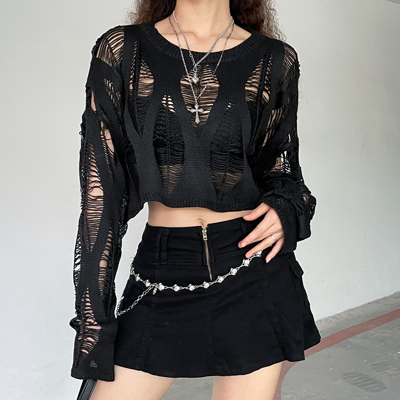 Summer New Style Ripped Hollow-Out Long-Sleeve T-Shirt for Women, Loose Casual Round Neck Versatile Midriff-Baring Knit Top