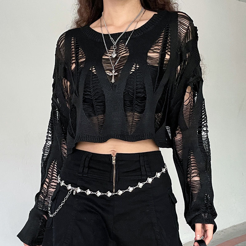 Gothic Style Hollow-Out Top, High-Waisted Off-Shoulder Fishnet Mesh Blouse, Hollow-Out Shirt, Niche Design Knitwear