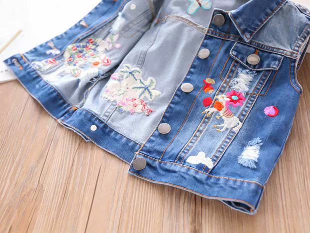 Quần áo trẻ em mới mùa xuân và mùa thu, áo ghi lê denim thêu cho trẻ em, áo ghi lê mùa xuân và mùa thu cho bé gái, áo ghi lê - Áo ghi lê