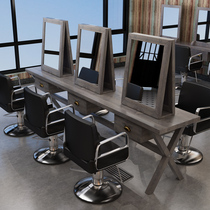 Barber shop mirror table Retro solid wood mirror Hair and beauty makeup mirror with light LED floor-standing double-sided dressing table