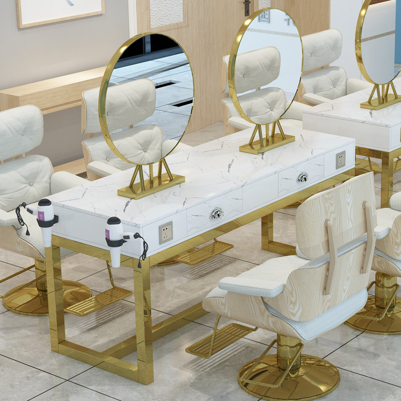 Hairdressing mirror net red barber shop double-sided mirror table plus LED light beauty makeup single-sided cabinet marble perm dyeing table