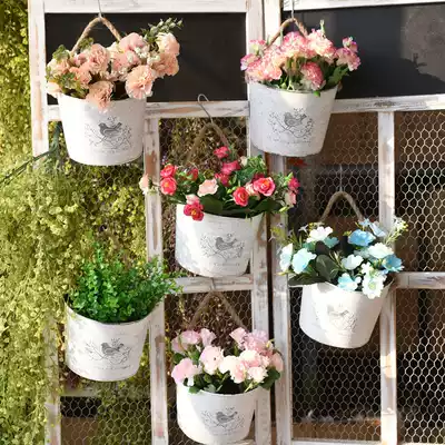 Retro wrought wrought wrought wrought flower bucket flower pot wall hanging flower basket wall decoration flower pot garden decoration bucket