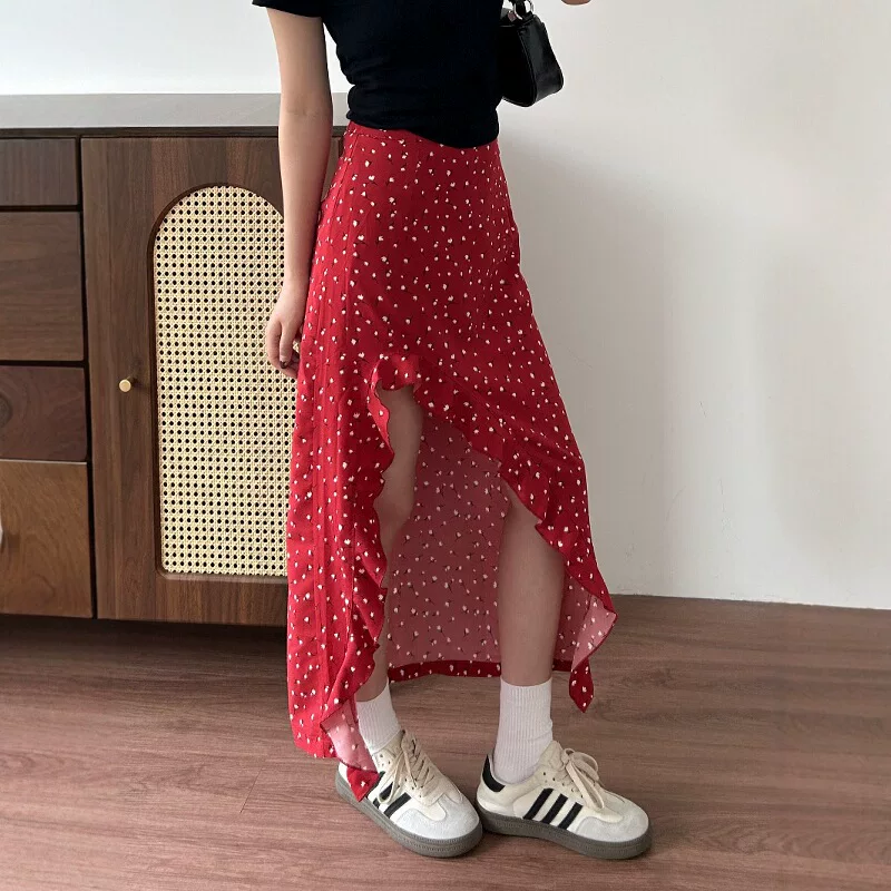 Red long skirt, flowered, plus size, mid-length, A-line