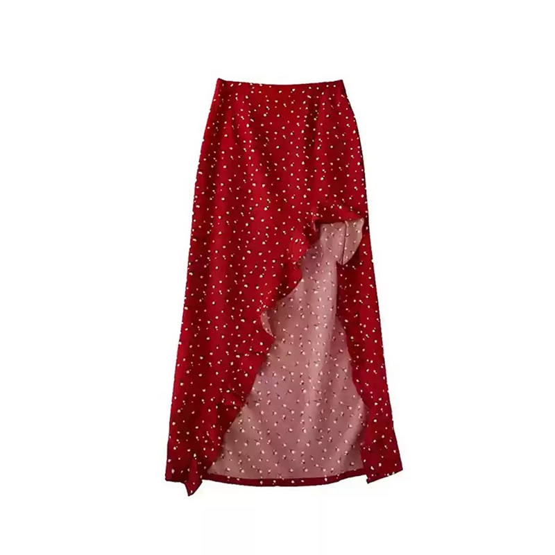 Red long skirt, flowered, plus size, mid-length, A-line