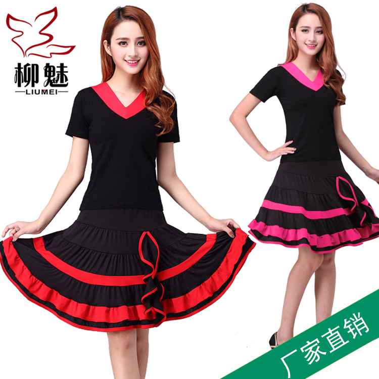 Square dance outfit new short sleeve v collar blouses big swing skirt suit in old age dancing suit female Latin dance dress-Taobao