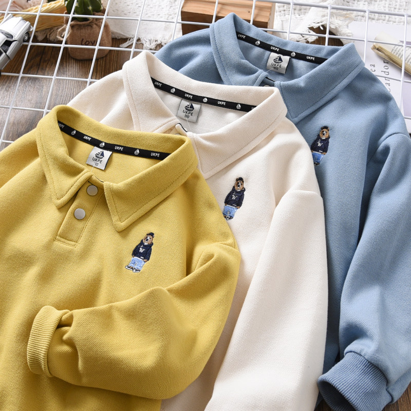 Boy Sweatshirt Spring Autumn Season 2022 New CUHK Tong Collar Small Bear Fried Street Pure Cotton Children Suit Long Sleeves POLO Shirt