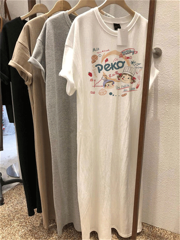 Cartoon Anime Pajamas Student Short-Sleeved Women's Summer Long T-Shirt Dress Over-The-Knee Long Skirt Korean Fashion Home Sleep Dress