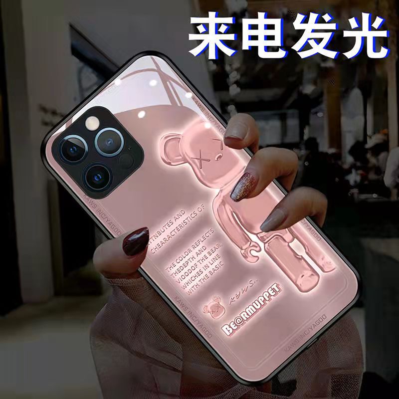 Pink Side Bear Phone Case Suitable for 14 Pro Max, 13 Pro with Incoming Call Flash, 12 with Light-Up Feature, 11 Full Coverage, Xr Personalized, XS Stylish Phone Cover