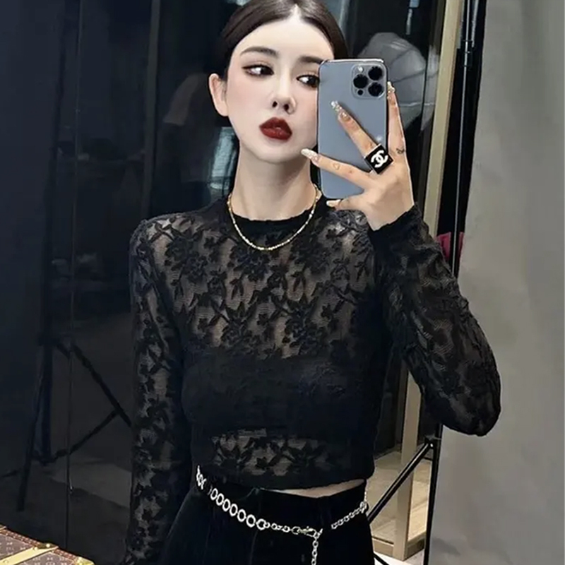 Lace Shirt, Long-Sleeved Women's Black Slim-Fitting Top, Autumn and Winter Large Size, Stylish Inner Shirt, Cut Out Lace Short Bottoming Shirt
