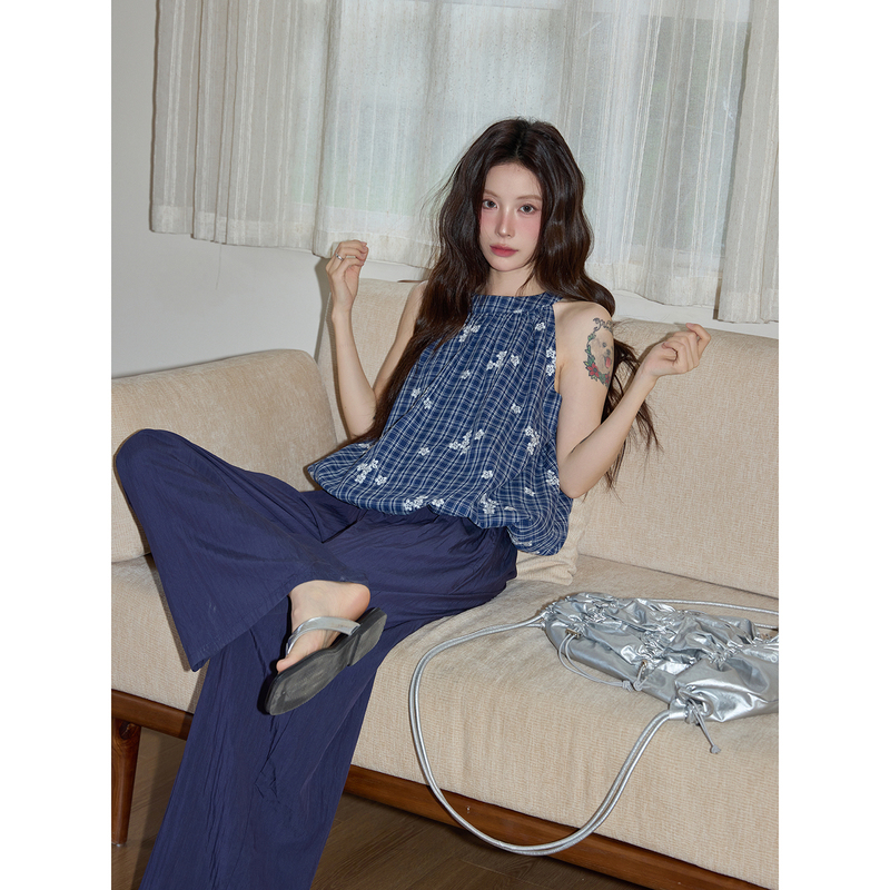 Cha Cha Jia High-End Navy Blue Plaid Floral Sleeveless Top for Women, Summer Vintage Casual Loose Shirt, Outerwear Vest