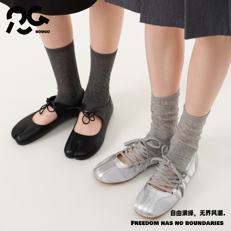 Rougo Lightweight Breathable Mesh Mid-Calf Socks for Women, Summer Slouch Socks, Gray Series, Toeless Half-Palm Socks