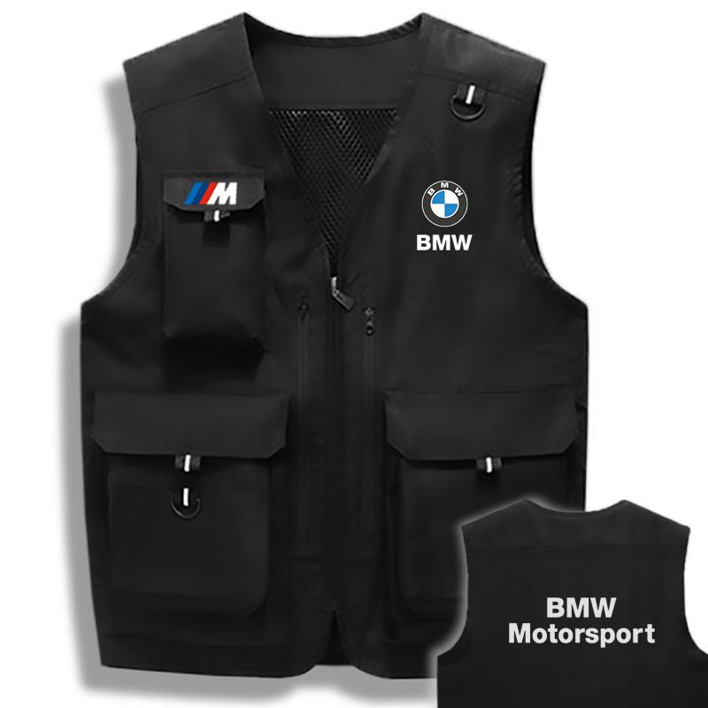 Bmw Motorcycle Vest for Men with Printed Logo, Multi-Pocket Vest, Racing Off-Road Riding Clothing, Work Vest