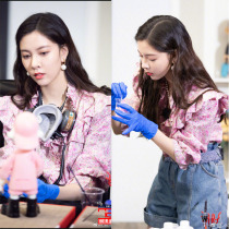 Guan Xiaotong Song Yanfei with pink ruffle floral French Chiffon long-sleeved blouse design sense female niche