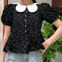 Doudou babe with the same clothes French vintage white black bubble sleeve doll collar chic top womens summer design sense