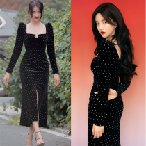 Star Yang Chaoyue with the same square collar split velvet French retro black dress dress 2020 new autumn and winter