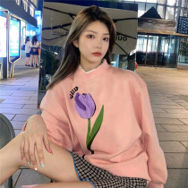 Three-dimensional flower pink sweater female spring and autumn design sense niche 2021 New Korean loose top ins tide