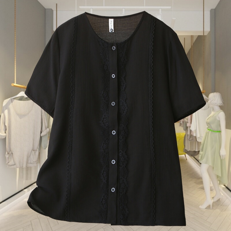 Plus Size Women's Black Short-Sleeved Shirt with Lace Buttons and Pleated Top to Cover the Belly, Simple Summer Wear