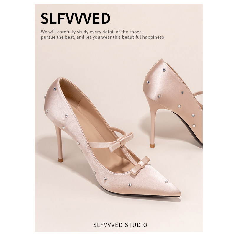 SLFVVVED Women's High Heels 2025 New Style: Stiletto Heel, Pointed Toe, Bow, Rhinestones, Elegant and Sophisticated, Comfortable Single Shoes