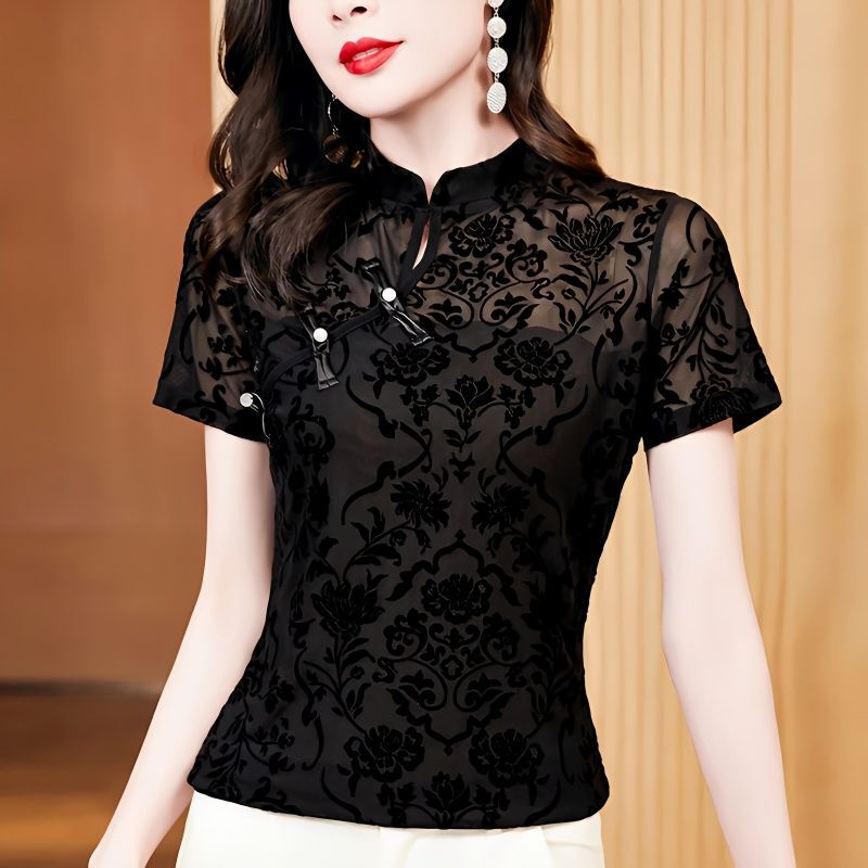 Mesh Hollow-Out Short-Sleeve T-Shirt for Women, Summer Button-Up Cheongsam Collar Top, Vintage Slim-Fit Outerwear Lace Base Shirt Mesh Hollow-Out Short-Sleeve T-Shirt for Women, Summer Button-Up Cheongsam Collar Top, Vintage Slim-Fit Outerwear Lace Base Shirt