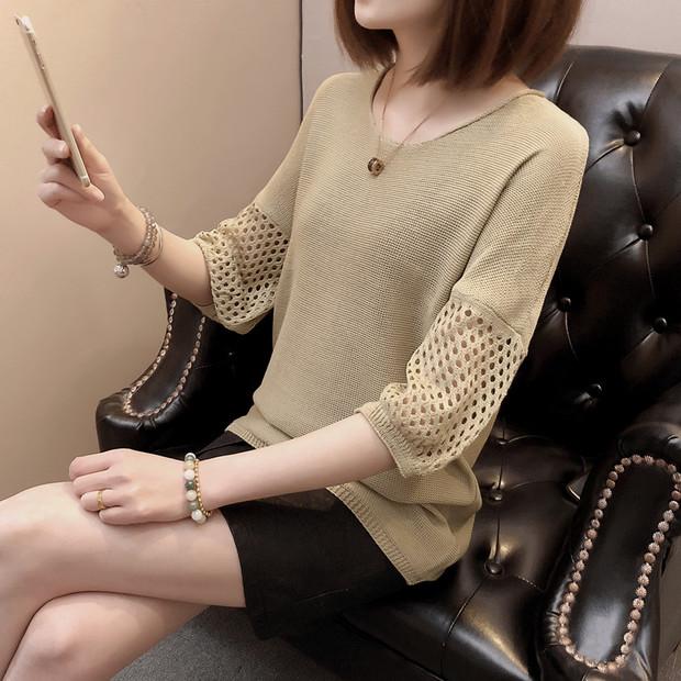 Xia áo len lụa tơ tằm tay áo mùa hè lỏng lẻo tay áo ngắn tay nửa ngắn tay áo năm điểm tay áo chạm đáy áo len gile