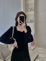 Vis gold black velvet French vintage dress female 2021 autumn new waist slim dress long skirt