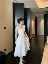 Vis gold French vintage white satin suspender dress female waist slim big swing a character long skirt