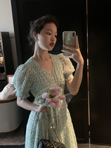 Vis gold French retro mint green wave Point Fairy V-collar dress female summer waist thin court long skirt