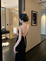 Vis gold French vintage black backless sexy suspenders dress womens autumn harvest waist thin Hepburn dress dress