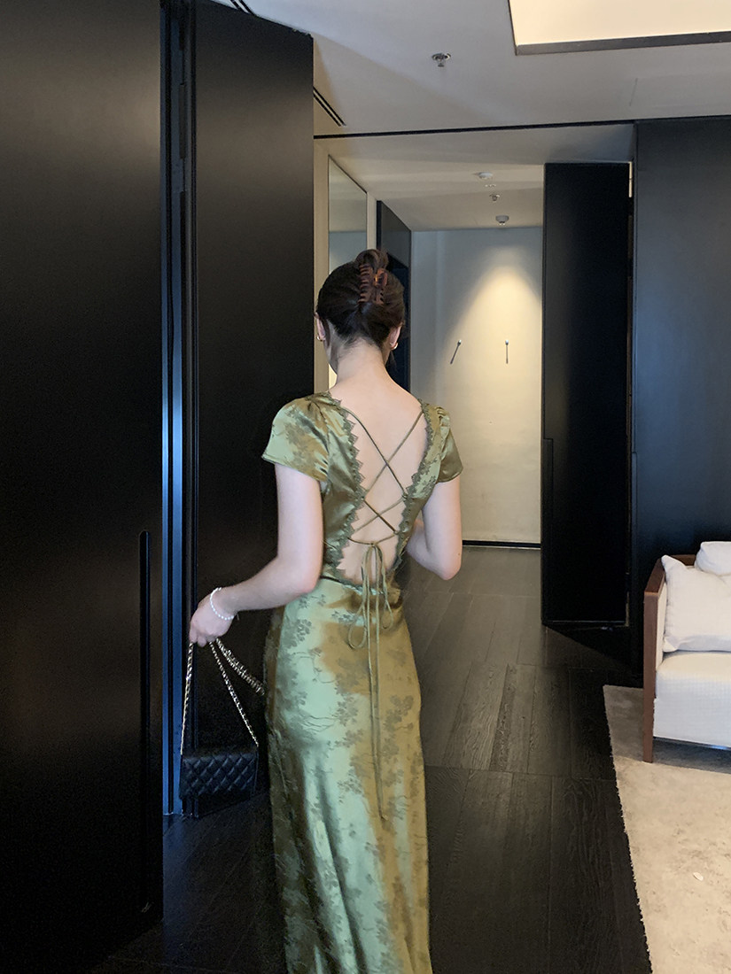 viss gold turquoise green V-neck open back satin jacquard dress female summer slim waist sexy dress long skirt