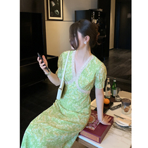 Vis gold chiffon lace stitching French retro floral dress womens waist thin bubble sleeve tea break skirt