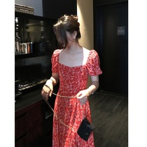 Vis gold Red French retro large square collar floral dress womens waist slim split bubble sleeve long skirt