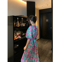 Vis gold ruffled skirt flower dress female summer waist thin bubble sleeve tea break a long skirt