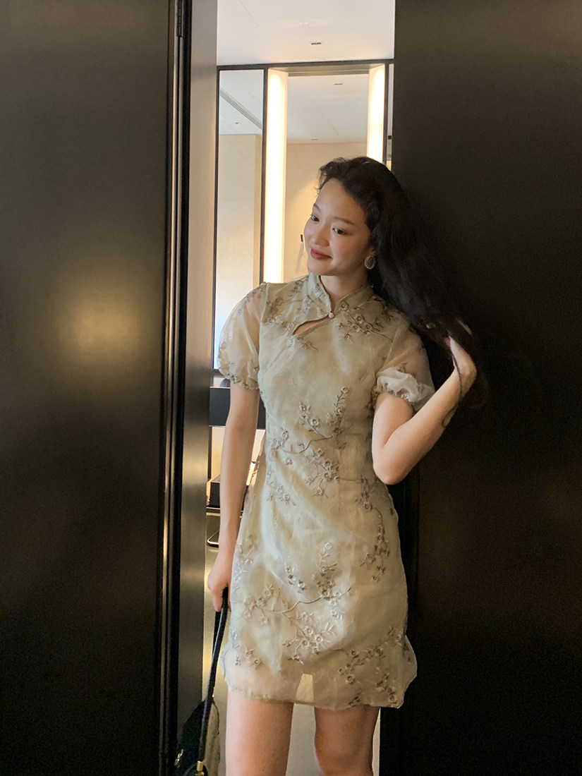 (Limited time clearance) Design niche floral improved cheongsam dress women's summer waist slimming mid-length skirt