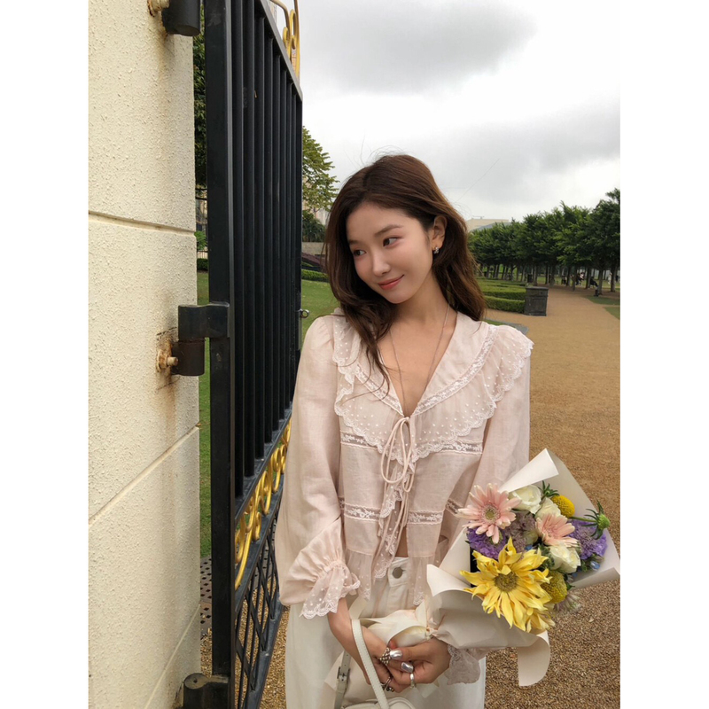 Lento Lace Top for Women 2026 New Spring French Style Beautiful and Fairy-Like V-Neck Sweet Pink Blouse