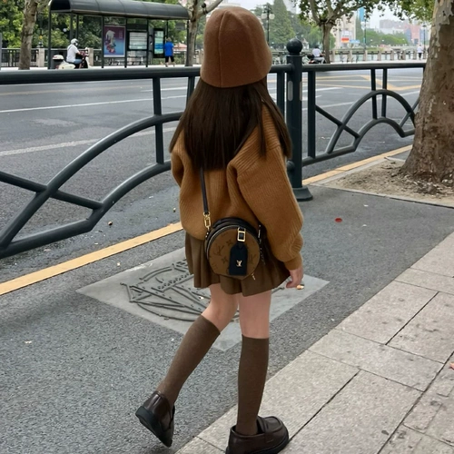 Осенний трикотажный комплект, кардиган, свитер, куртка, юбка в складку, детская одежда, в западном стиле, плиссированная юбка