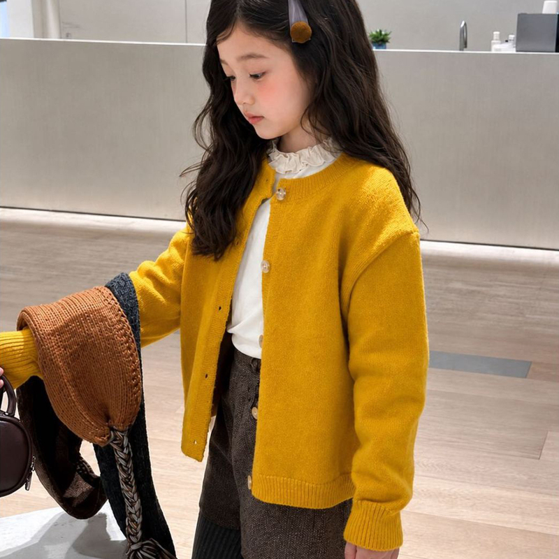 Korean-Style Children's Pumpkin Yellow Loose Sweater Cardigan for Girls, Simple Single-Breasted Knit Outerwear Trendy