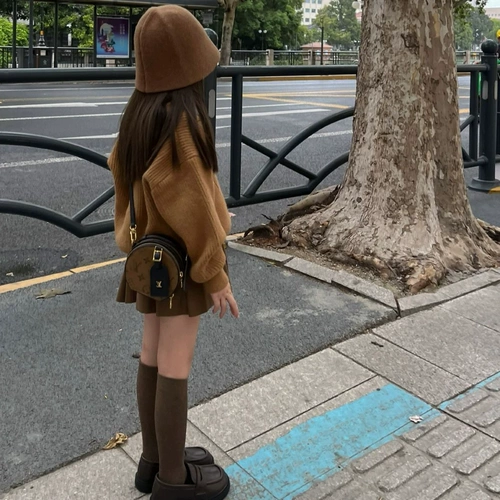 Осенний трикотажный комплект, кардиган, свитер, куртка, юбка в складку, детская одежда, в западном стиле, плиссированная юбка