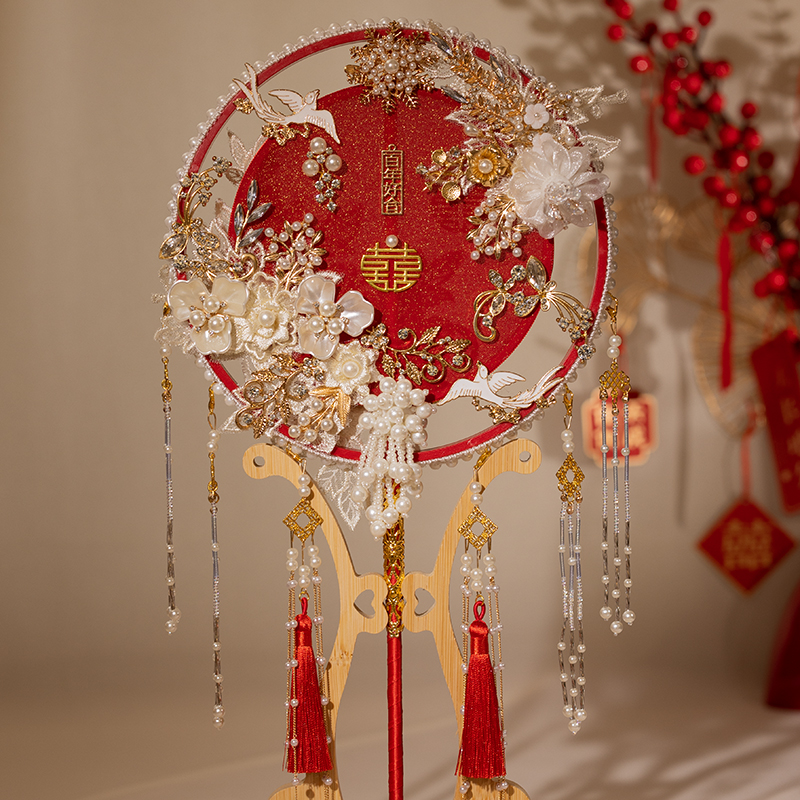 Wedding Show Wo Festive Fan Wedding Out of Marriage Artisanal Wedding Party Fan Diy Material Bag Bifacial Long Handle Classical-Taobao