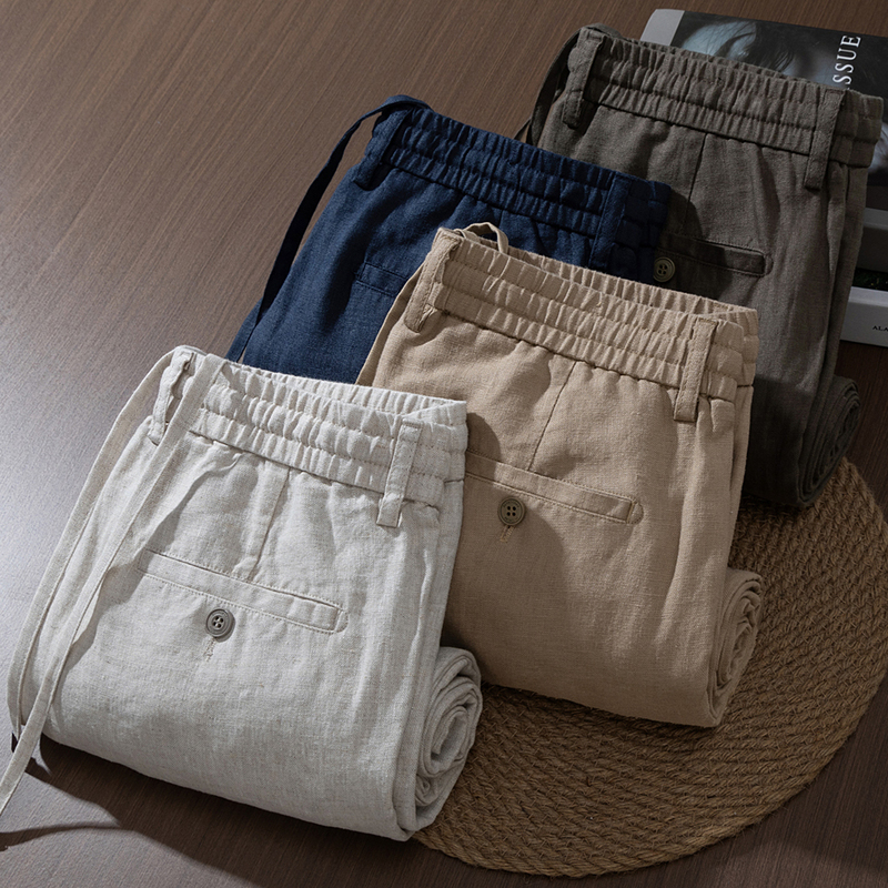100% Pure Linen Loose Linen Pants with Elastic Waistband and Drawstring for Men, Straight-Leg Old Money Style Casual Long Pants, Breathable Linen Material