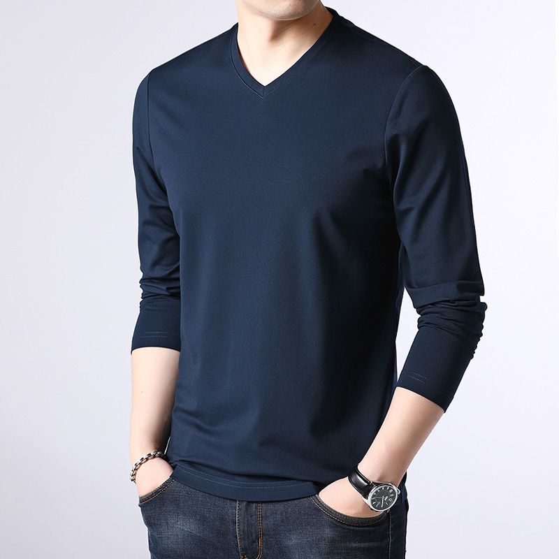 Long-Sleeved T-Shirt for Men, V-Neck Base Layer Shirt, Sweetheart Neckline, Spring and Autumn Basic Inner Wear, Men's Autumn Clothing
