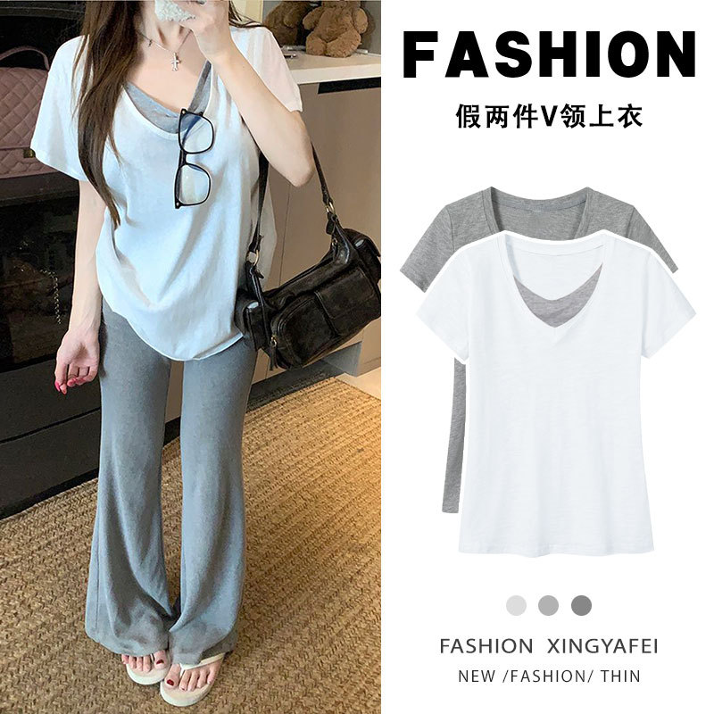 Maternity Wear Summer Top Short-Sleeved T-Shirt Pure Cotton 2026 New Solid Color Fake Two-Piece V-Neck Loose Fit for Pregnant Women High-End Fashion Maternity Wear Summer Top Short-Sleeved T-Shirt Pure Cotton 2026 New Solid Color Fake Two-Piece V-Neck Loose Fit for Pregnant Women High-End Fashion