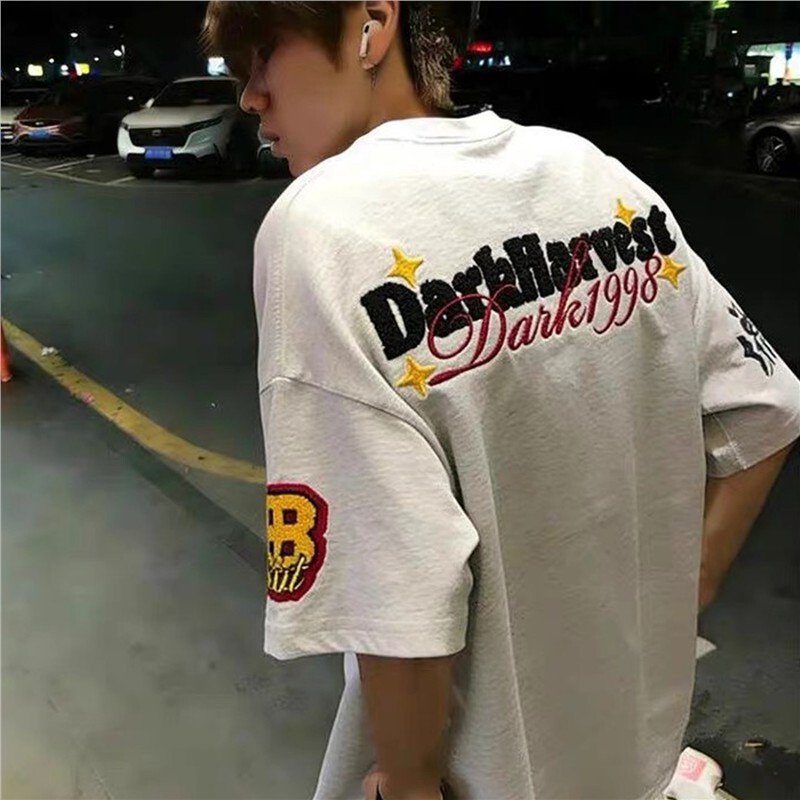 American-Style High Street Lettered Flocking Embroidered Short-Sleeve T-Shirt for Men, Summer Loose Fit, Heavyweight Pure Cotton Top for Middle School Students