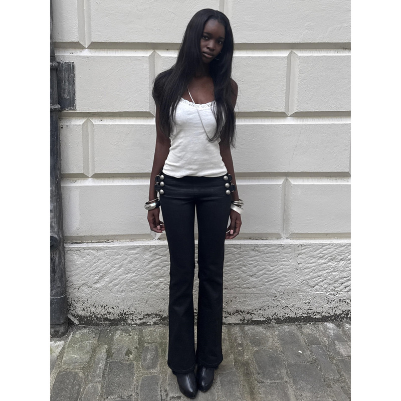 American Dark Style Metal Decoration Low-Waist Flared Casual Pants for Women, New Slim-Fit Versatile Bell-Bottom Black Trousers American Dark Style Metal Decoration Low-Waist Flared Casual Pants for Women, New Slim-Fit Versatile Bell-Bottom Black Trousers